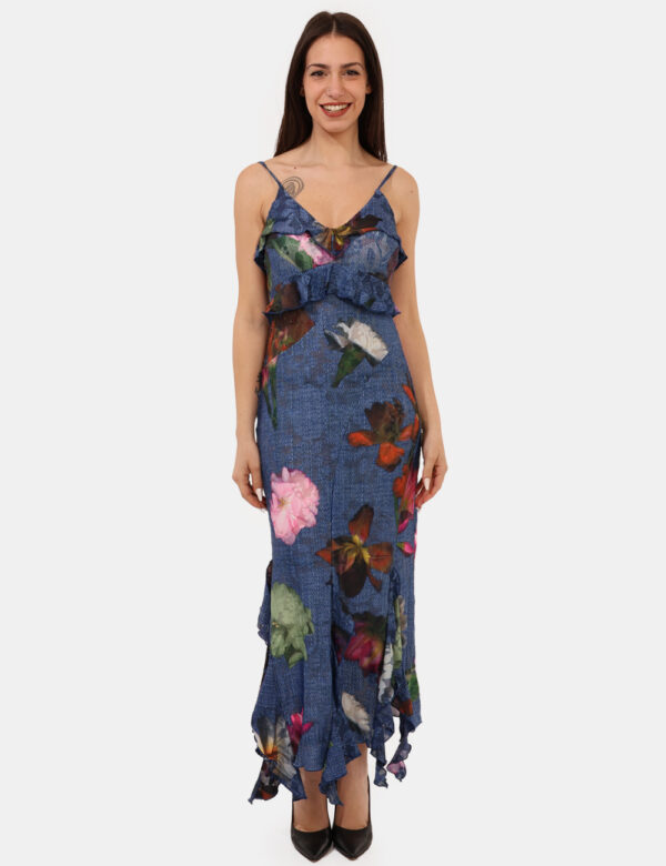Vestito Desigual Blu - Vestito lungo con spalline strette, su base blu con fantasia floreale in tonalità coordinata più fril