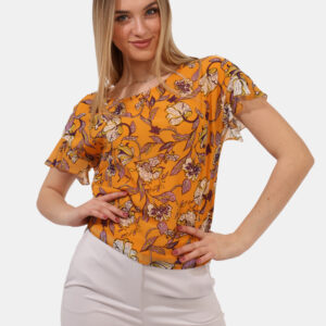 Top Patrizia Pepe Giallo - Top modello t-shirt velata, su giallo ocra con stampa allover floreale viola. La vestibilità è mo
