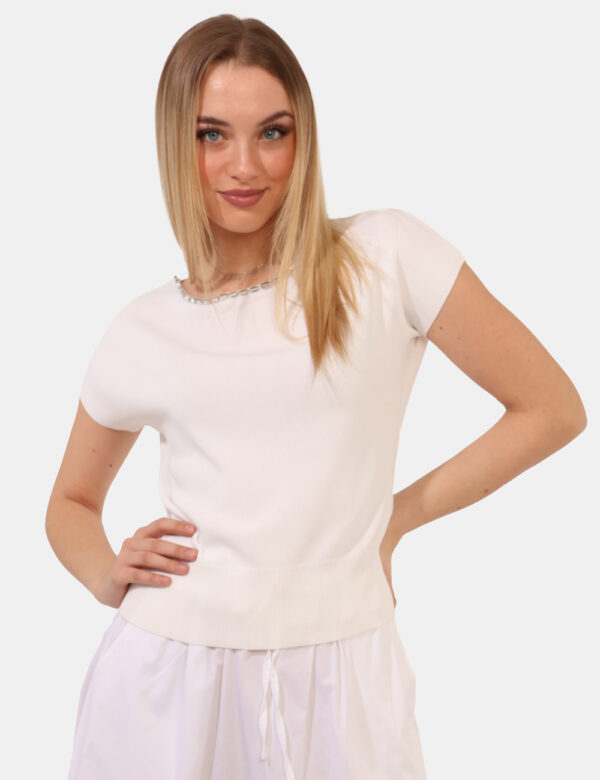 T-shirt Rue De Clerie Bianco - T-shirt in maglina in total bianco con glitter argentati sul girocollo. La vestibilità è morb