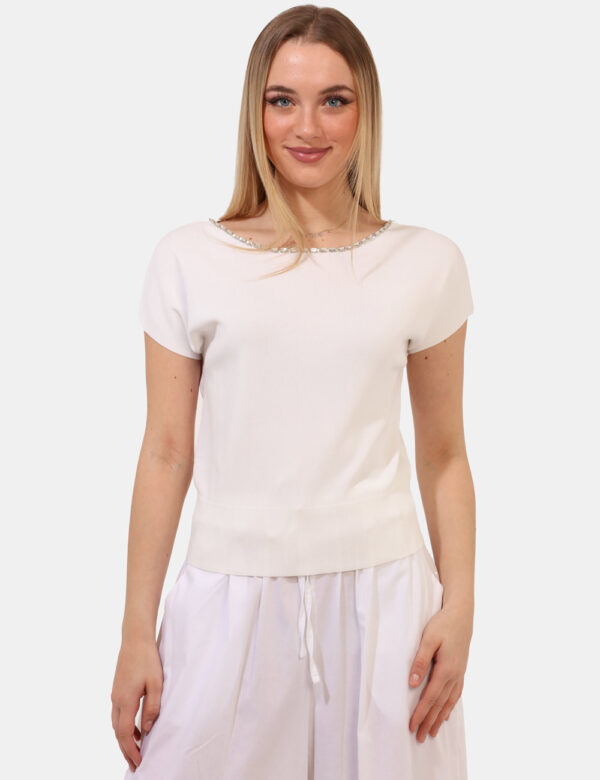 T-shirt Rue De Clerie Bianco - T-shirt in maglina in total bianco con glitter argentati sul girocollo. La vestibilità è morb