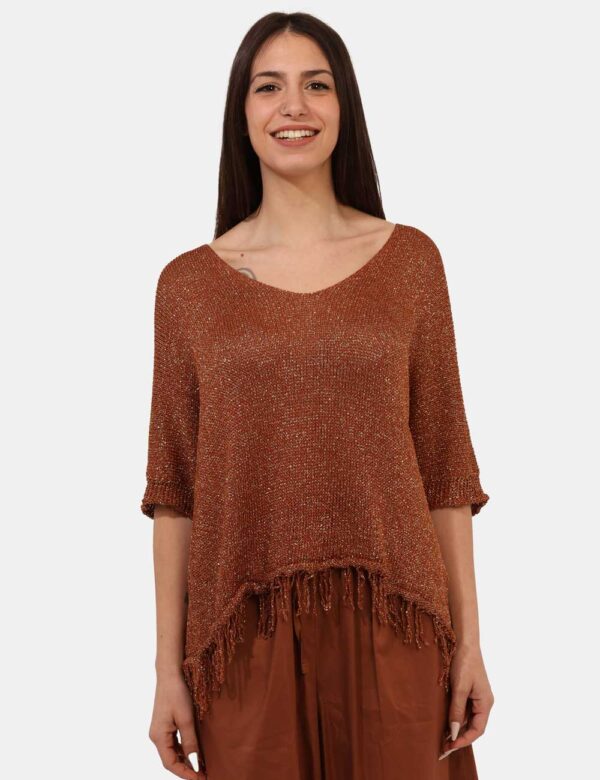 Maglia Rue De Clerie Bronzo - Maglia a maniche lunghe, in total bronzo con filo lurex dorato più frangetta sul bordino. La v