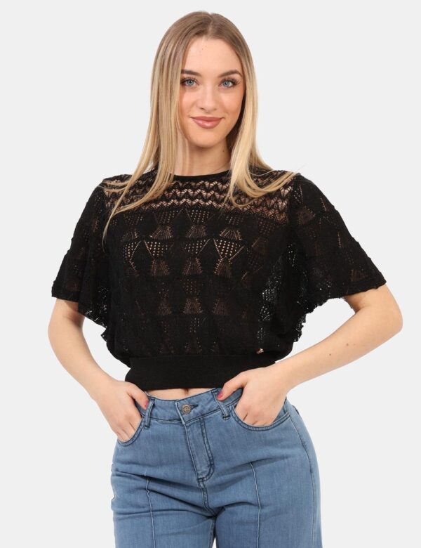 Maglia Yes Zee Nero - Maglia traforata con ampie maniche corte e scollo classico, in total nero con filo lurex. La vestibili