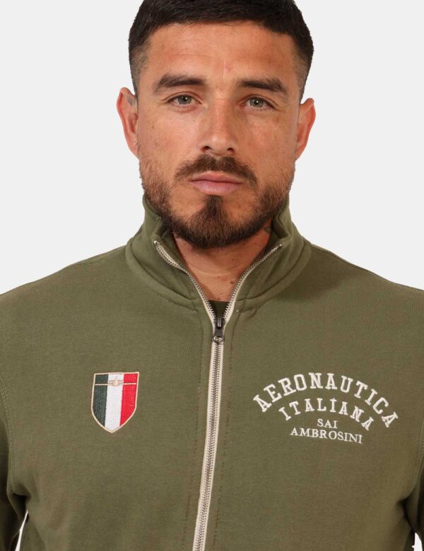 Felpa Aeronautica Italiana Verde - Felpa garzata in total verde militare con tasche a taglio trasversale e logo brand ricama