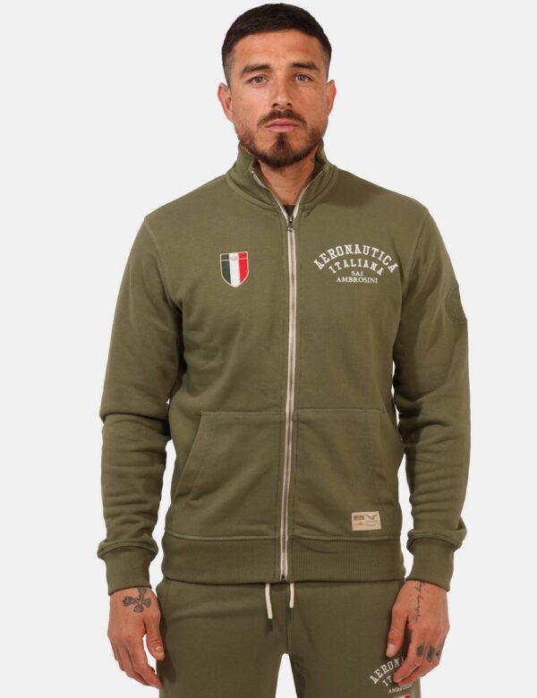 Felpa Aeronautica Italiana Verde - Felpa garzata in total verde militare con tasche a taglio trasversale e logo brand ricama