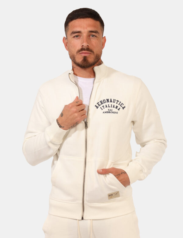Felpa Aeronautica Italiana Panna - Felpa garzata in total bianco panna con tasche a taglio trasversale e logo brand ricamato