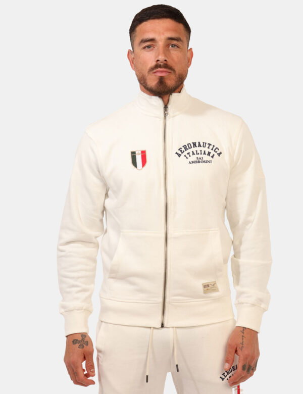 Felpa Aeronautica Italiana Panna - Felpa garzata in total bianco panna con tasche a taglio trasversale e logo brand ricamato