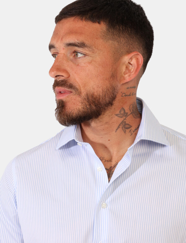 Camicia Zero Iron Plus Azzurro - Camicia casual, innovativa, no stiro e antimacchia, in fantasia rigata bianco e azzurro, co