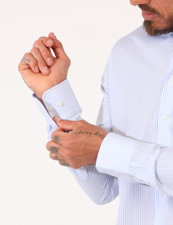 Camicia Zero Iron Plus Azzurro - Camicia casual, innovativa, no stiro e antimacchia, in fantasia rigata bianco e azzurro, co