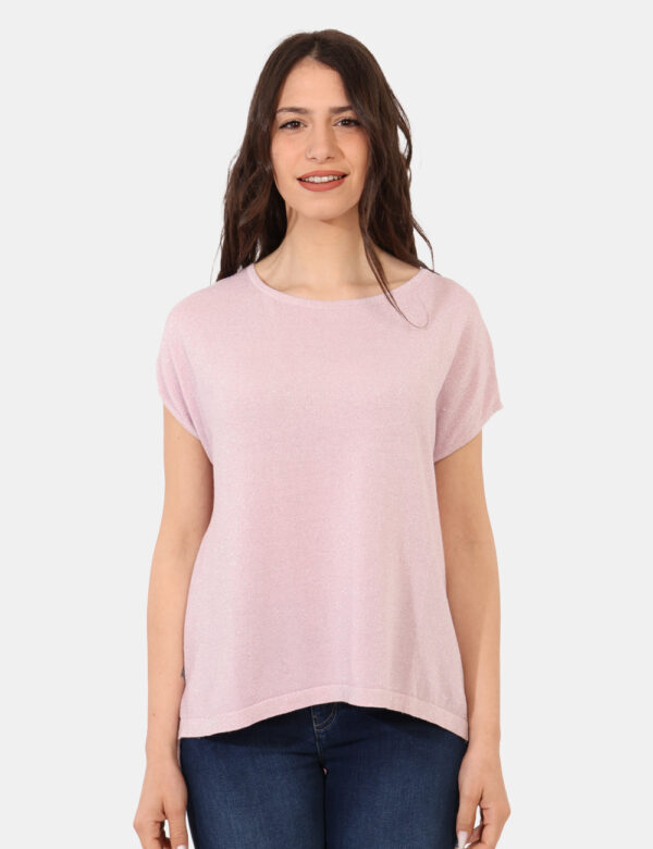 Maglia Sandro Ferrone Rosa - Maglia a maniche corte, in total rosa con filo lurex argentato. La vestibilità è morbida e rego