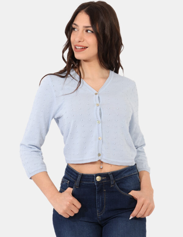 Cardigan Sandro Ferrone Azzurro - Cardigan in total azzurro celeste con trama lavorata in rilievo. La vestibilità è morbida