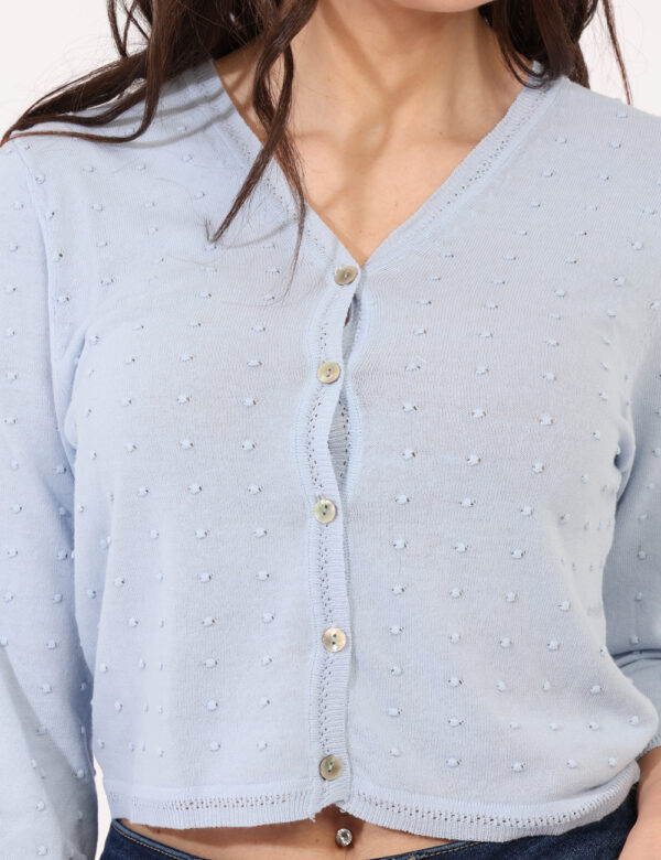 Cardigan Sandro Ferrone Azzurro - Cardigan in total azzurro celeste con trama lavorata in rilievo. La vestibilità è morbida