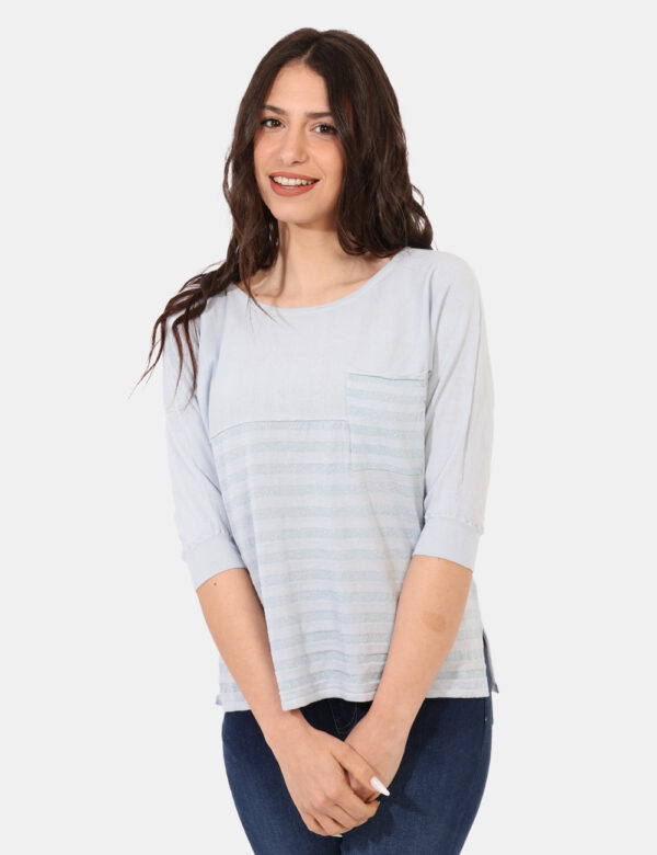 Maglia Sandro Ferrone Azzurro - Maglia a maniche lunghe in total azzurro celeste con righe in filo lurex argentato. Presenta