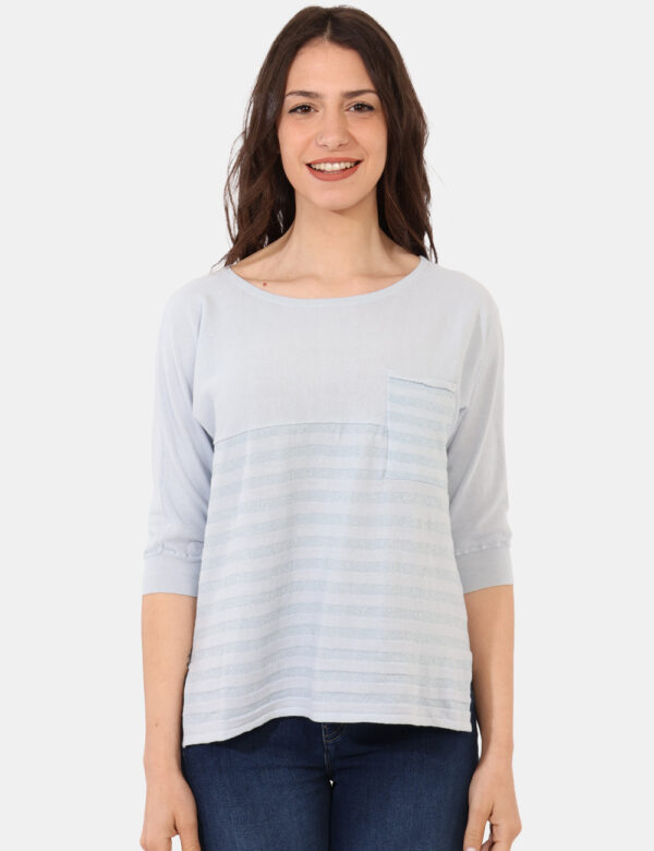Maglia Sandro Ferrone Azzurro - Maglia a maniche lunghe in total azzurro celeste con righe in filo lurex argentato. Presenta