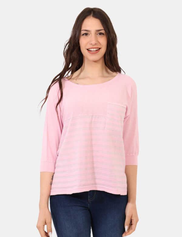 Maglia Sandro Ferrone Rosa - Maglia a maniche lunghe in total rosa con righe in filo lurex argentato. Presenta un taschino s