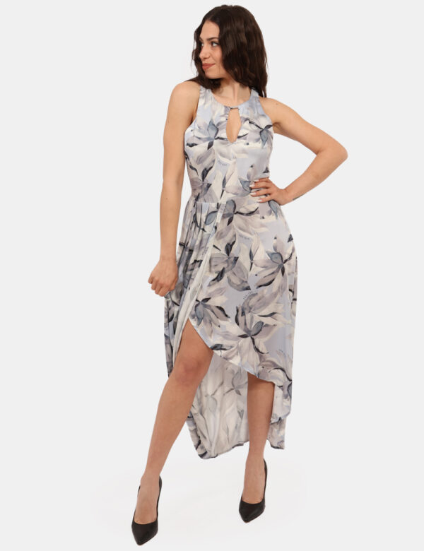 Vestito Yes Zee Grigio - Vestito lungo con spalline larghe, in fantasia bianco e grigio piccolo logo brand dorato. La vestib