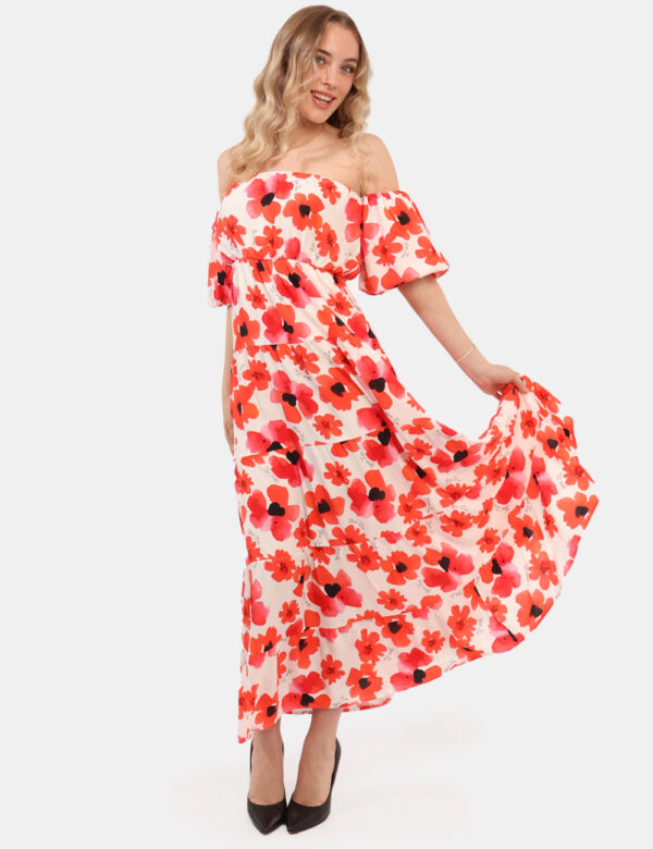 Vestito Yes Zee Rosso - Abito lungo su base bianca con stampo flioreale allover rossa, scollo a giropetto con elastico e man