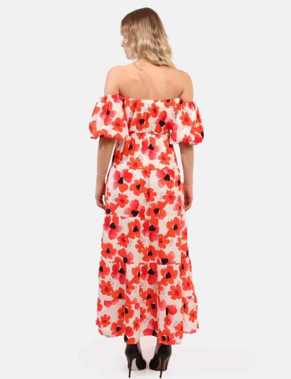 Vestito Yes Zee Rosso - Abito lungo su base bianca con stampo flioreale allover rossa, scollo a giropetto con elastico e man