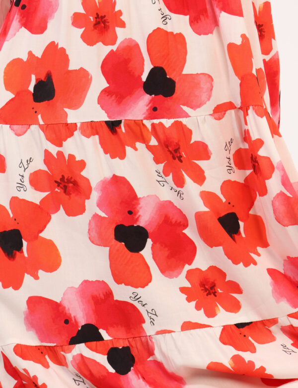Vestito Yes Zee Rosso - Abito lungo su base bianca con stampo flioreale allover rossa, scollo a giropetto con elastico e man