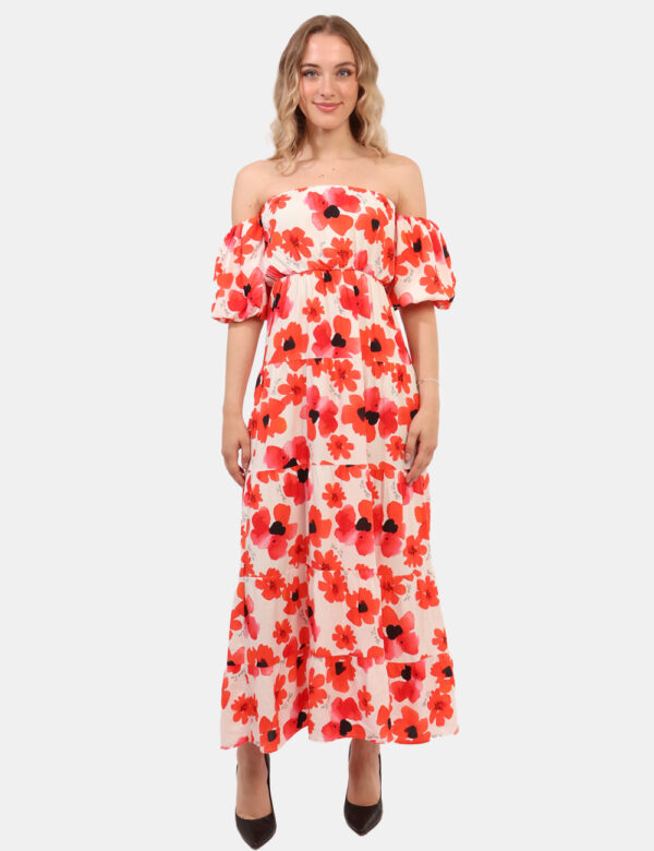 Vestito Yes Zee Rosso - Abito lungo su base bianca con stampo flioreale allover rossa, scollo a giropetto con elastico e man