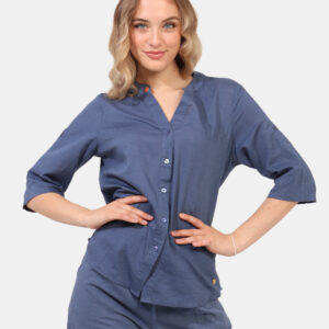 Camicia Yes Zee Blu - Camicia in misto cotone/lino, in total blu avio con scollo profondo e piccola spilletta in tinta. La v