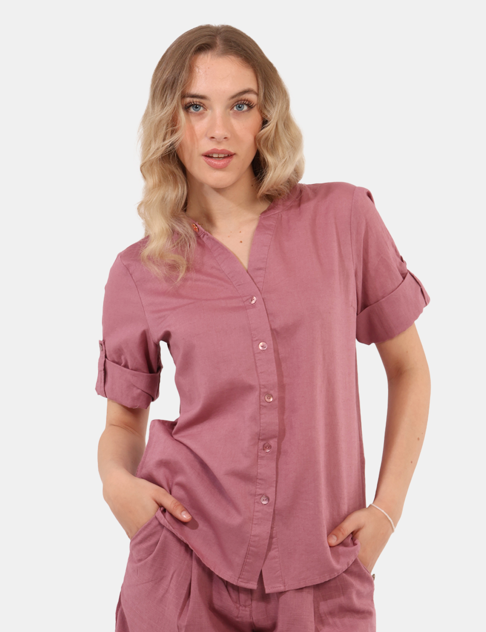 Camicia Yes Zee Rosa - Camicia in misto cotone/lino, in total rosa antico con scollo profondo e piccola spilletta in tinta.