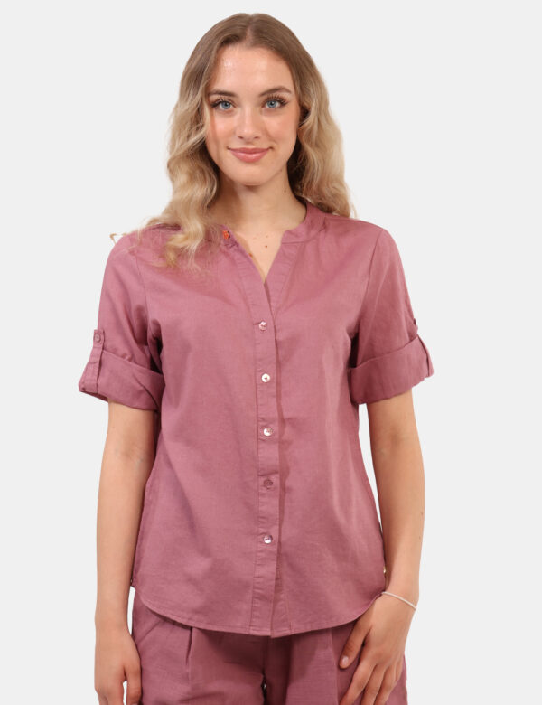 Camicia Yes Zee Rosa - Camicia in misto cotone/lino, in total rosa antico con scollo profondo e piccola spilletta in tinta.