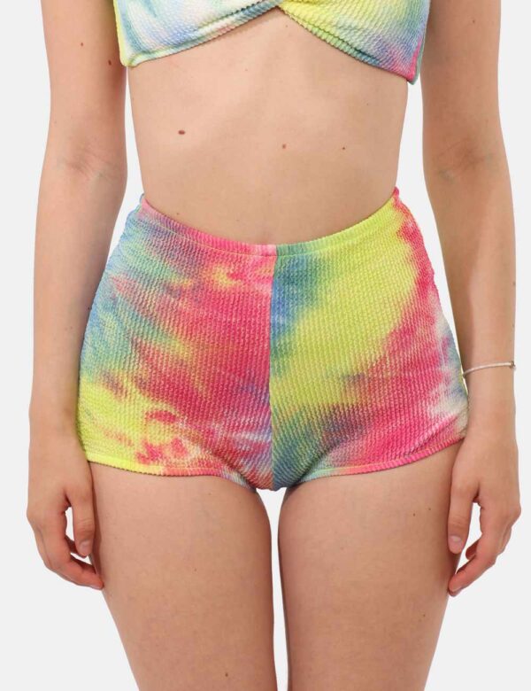Costume culotte F**K Fantasia - Costume modello shorts a culotte, in total fantasia giallo, rosa e azzurro con tessuto arric