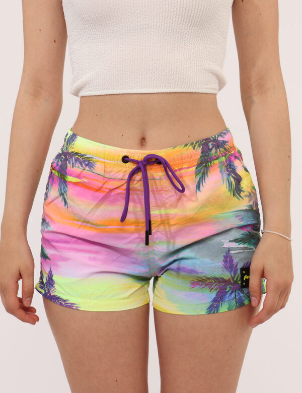 Shorts F**K Fantasia - Pantaloni da mare modello shorts, su fantasia tendente al rosa e giallo, con tasche a taglio trasvers