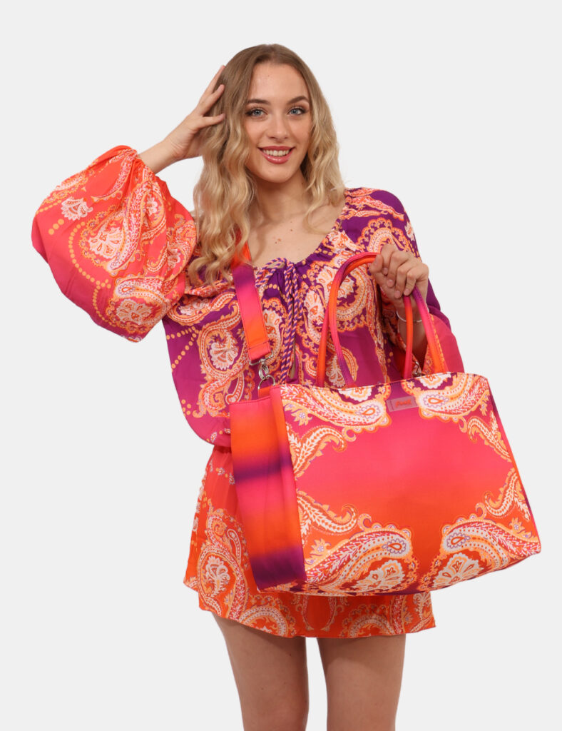 Borsa mare F**K Arancione - Borsa mare di grandi dimensioni, su fantasia colorata tendente all'arancione, con chiusura a cou