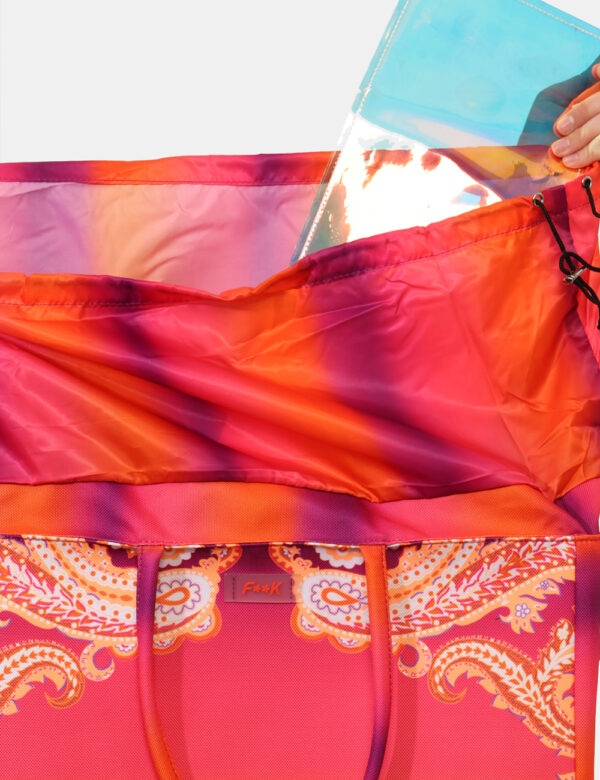 Borsa mare F**K Arancione - Borsa mare di grandi dimensioni, su fantasia colorata tendente all'arancione, con chiusura a cou