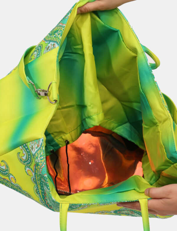 Borsa mare F**K Giallo - Borsa mare di grandi dimensioni, su fantasia colorata gialla e verde, con chiusura a coulisse. L'in