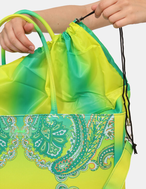 Borsa mare F**K Giallo - Borsa mare di grandi dimensioni, su fantasia colorata gialla e verde, con chiusura a coulisse. L'in