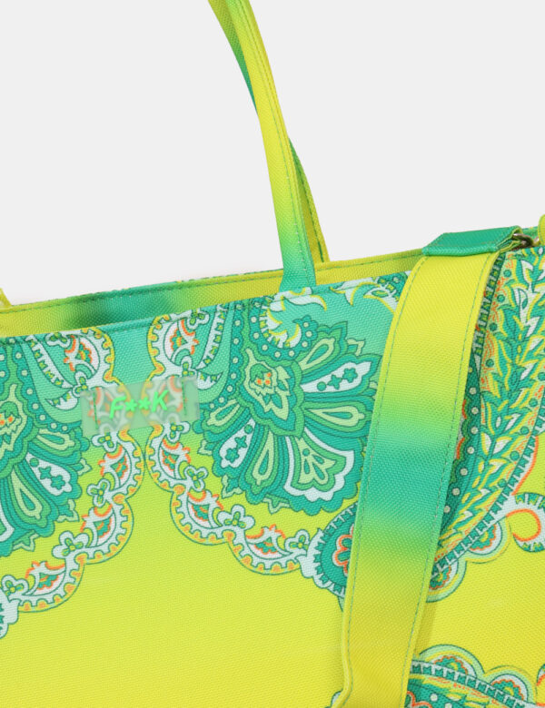 Borsa mare F**K Giallo - Borsa mare di grandi dimensioni, su fantasia colorata gialla e verde, con chiusura a coulisse. L'in