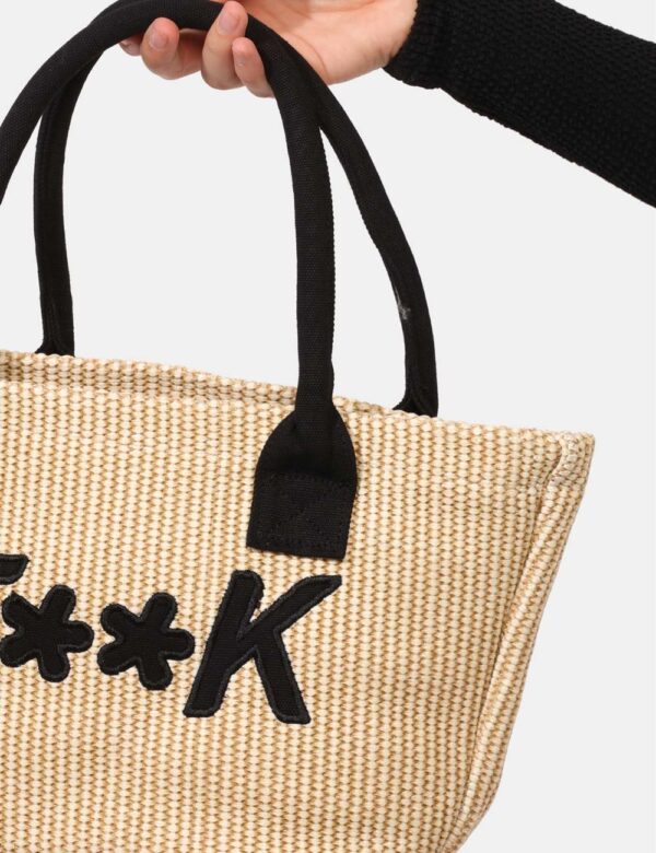 Borsa mare F**K Beige - Borsa mare di piccole dimensioni, in simil paglia con stampa logo brand nero e chiusura a coulisse.