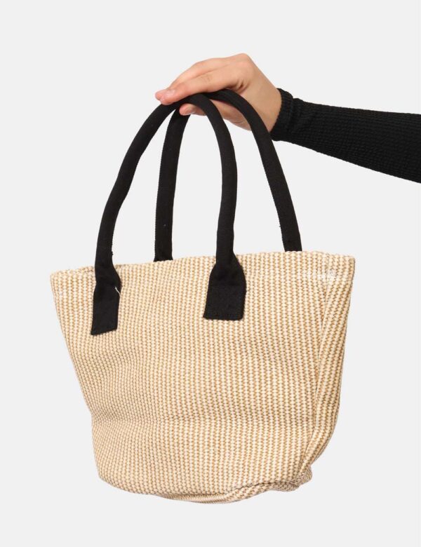 Borsa mare F**K Beige - Borsa mare di piccole dimensioni, in simil paglia con stampa logo brand nero e chiusura a coulisse.