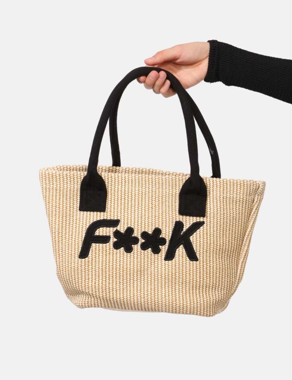 Borsa mare F**K Beige - Borsa mare di piccole dimensioni, in simil paglia con stampa logo brand nero e chiusura a coulisse.