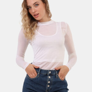 Top Calvin Klein Bianco - T-shirt a maniche lunghe doppia con canotta e collo alto, in total bianco. La vestibilità è morbid