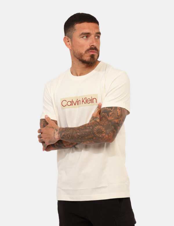 T-shirt Calvin Klein Beige - T-shirt classica su base beige con stampa logo brand coordinata. La vestibilità è morbida e reg