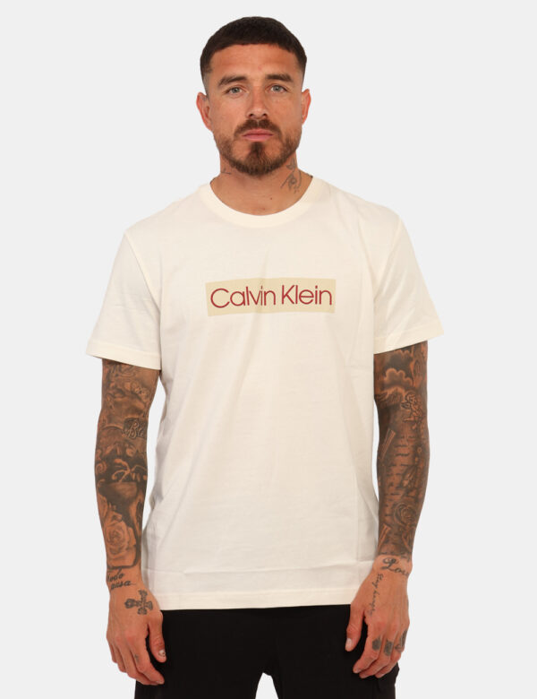 T-shirt Calvin Klein Beige - T-shirt classica su base beige con stampa logo brand coordinata. La vestibilità è morbida e reg