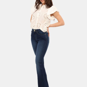 Jeans Yes Zee Jeans - Jeans flare a zampa, in total blu denim dark con dettagli dorati. Presenti tasche sagomate sul fronte