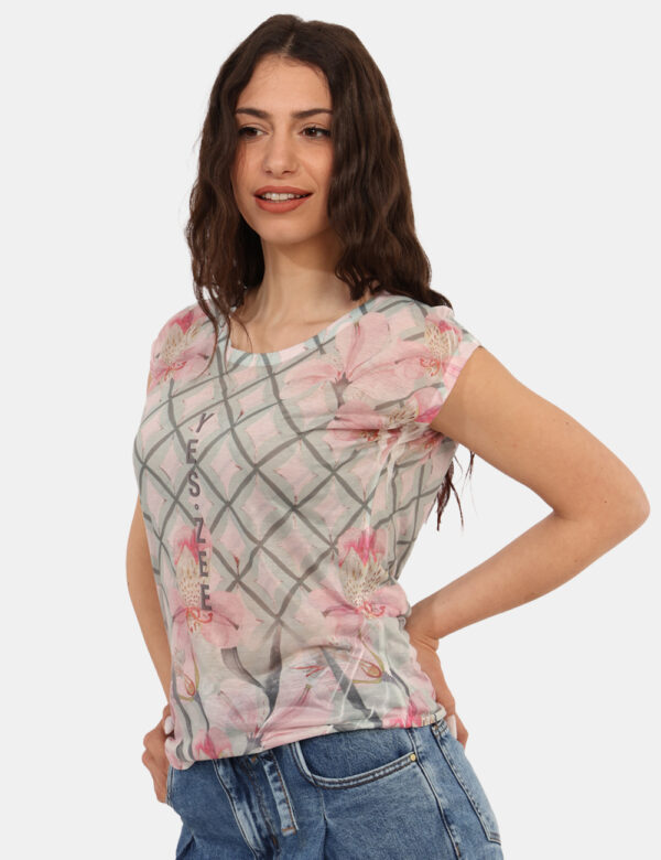 Top Yes Zee Fantasia - Top leggero, a giromanica, su base velata in tonalità tendente al rosa e verde. La vestibilità è morb