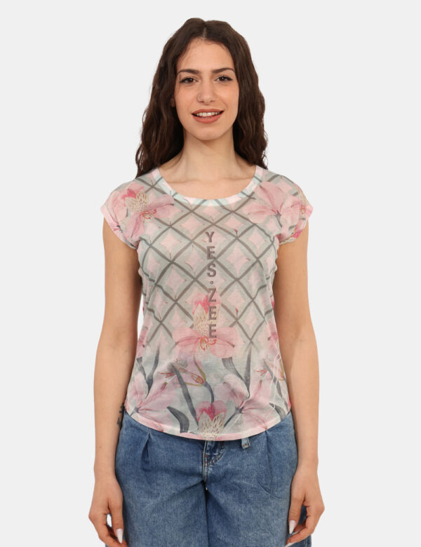 Top Yes Zee Fantasia - Top leggero, a giromanica, su base velata in tonalità tendente al rosa e verde. La vestibilità è morb