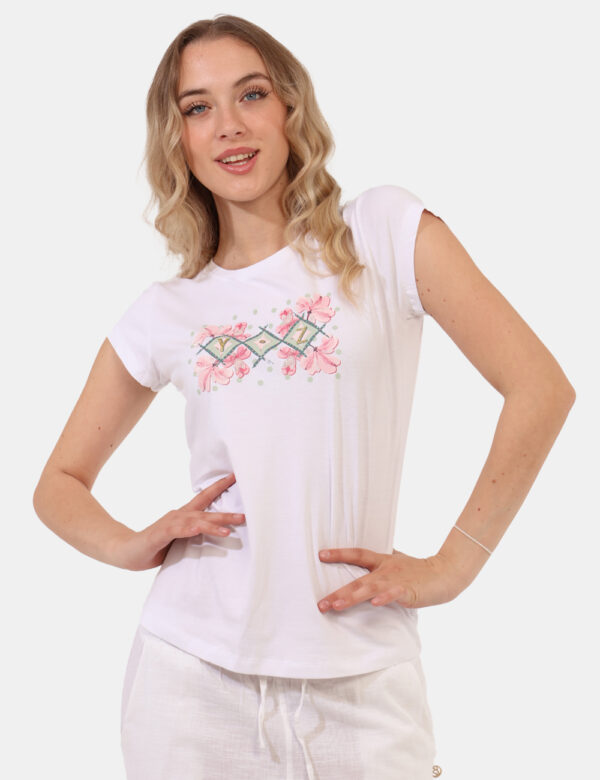 T-shirt Yes Zee Bianco - T-shirt classica su base bianca con stampa floreale coordinata e arricchita da glitter. La vestibil