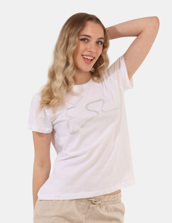 T-shirt Yes Zee Bianco - T-shirt classica in total bianco con stampa logo brand in glitter argento coordinata al girocollo.
