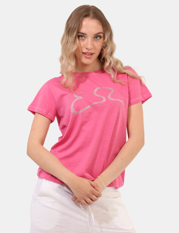T-shirt Yes Zee Rosa - T-shirt classica in total rosa intenso con stampa logo brand in glitter argento coordinata al girocol