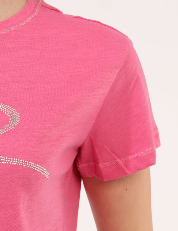 T-shirt Yes Zee Rosa - T-shirt classica in total rosa intenso con stampa logo brand in glitter argento coordinata al girocol