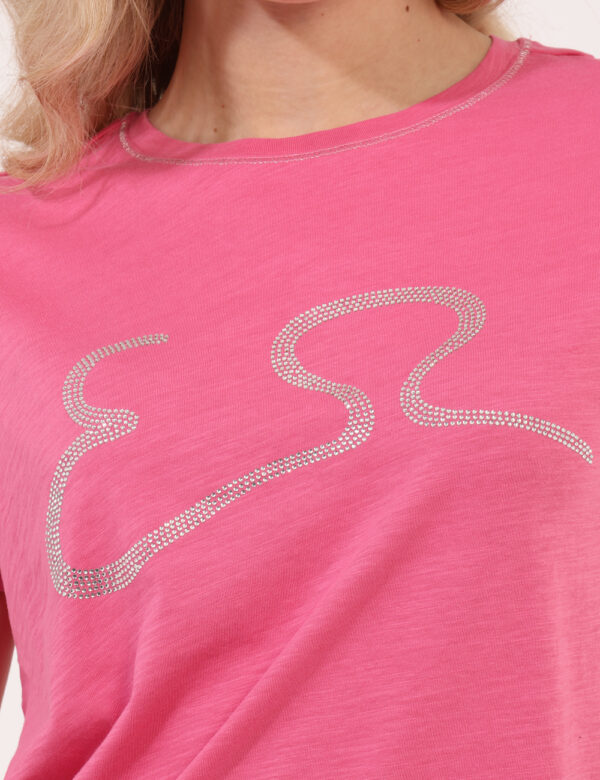 T-shirt Yes Zee Rosa - T-shirt classica in total rosa intenso con stampa logo brand in glitter argento coordinata al girocol