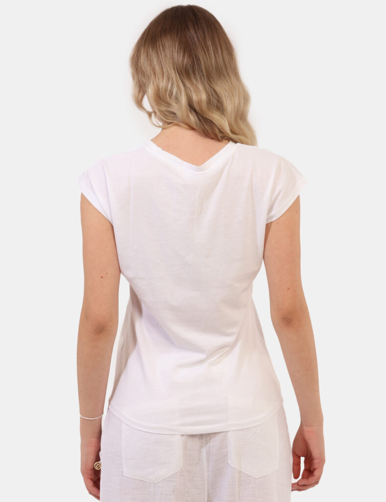 T-shirt Yes Zee Bianco - T-shirt classica su base bianca con stampa coordinata arricchita da perline più nodo in girovita. L