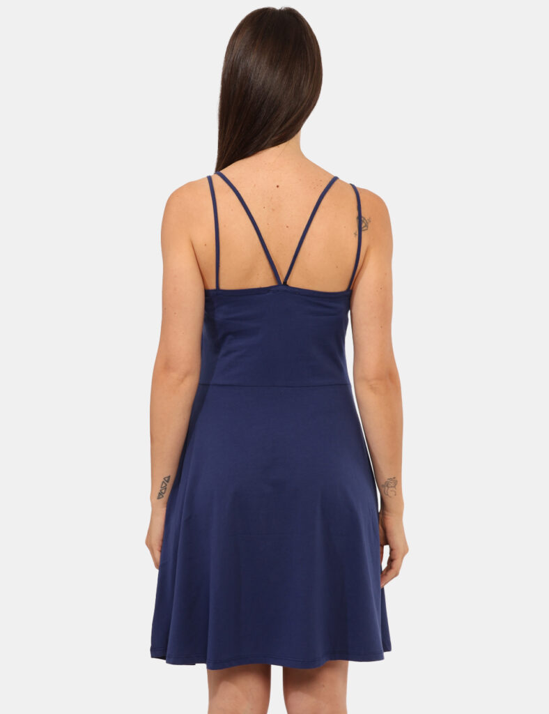 Vestito Ake Blu - Abito corto in total blu navy, con spalline strette doppie che si incrociano sul retro. La vestibilità è m