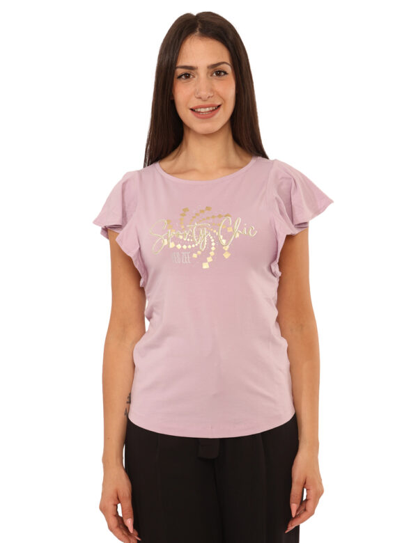 T-shirt Yes Zee Lilla - T-shirt su base lilla con stampa dorata arricchita da glitter, più volant in tinta sulle maniche. La